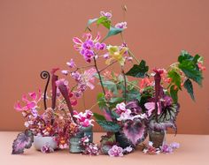 an arrangement of flowers in vases on a table with a pink wall behind them