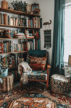 a living room filled with lots of books and furniture