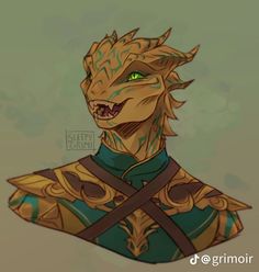 a drawing of a dragon with green eyes and gold armor on it's head