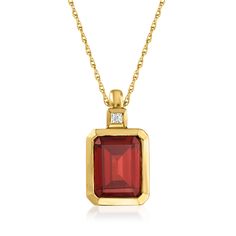 Ross-Simons - 2.60ct Garnet Pendant Necklace, Diamond Accent in 14kt Yellow Gold. 18". Whether it becomes a day-to-day staple or necklace for special occasions, this cherry-red 2.60 carat emerald-cut garnet is a sweet addition to your collection. The rich gemstone pendant is sparked by a single diamond accent and framed in glossy 14kt yellow gold. Suspends from a rope chain. Springring clasp, garnet pendant necklace. Garnet birthstones are the perfect gift for January birthdays. Pendant Necklace Diamond, Garnet Birthstone, Necklace With Diamond, Gold Sign, Fine Jewelery, Garnet Pendant, Yellow Gold Jewelry, Necklace Diamond, Ruby Sapphire