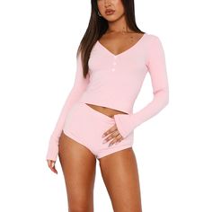 PRICES MAY VARY. Material: 2 Piece pajama set is made of stretchy, ultra soft, skinny, breathable and lightweight ribbed knit fabric for women sleepwear, lounge wear. Basic women’s 2 piece loungewear outfit set include a ribbed knit long sleeve crop top and a slim fit mini short pants. Featuring long sleeve, v button up closure, tight slim fit, elastic high waist mini shorts. Design: The cami pajamas sets includes cami top an elastic waisted ruch bodycon shorts, the elastic waistband will make i Comfortable Sleep Clothes, Cheap Summer Floral Print Intimates, Cheap Light Blue Intimates For Vacation, Pjs With Bras, Sleeping Pajamas For Women, Bras And Panties Comfy, Cheap Short Length Blue Intimates, Cheap Pink Tops For Playtime, Tight Sleep Romper