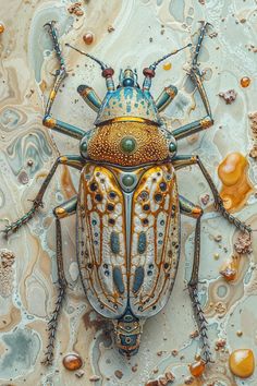 a colorful bug sitting on top of a marble floor covered in drops of raindrops