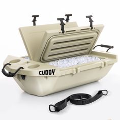 the cuddy cooler is packed with ice and water