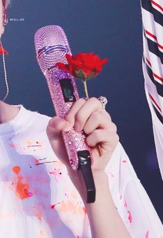 a person holding a microphone with a rose in it