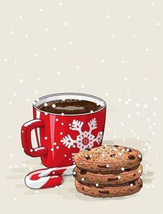 two cookies and a cup of coffee on a snowy day with snowflakes royalty illustration