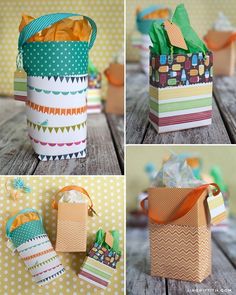 four different pictures of small bags with colorful ribbons and bows on them, sitting on a wooden table