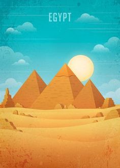 an egyptian desert scene with pyramids in the background