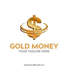 gold money logo design with the dollar symbol on it's center and an arrow in the middle