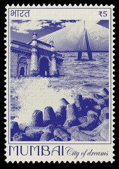 a stamp with the name mumbai city of dreams written in blue and white on it