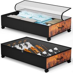 two drawers with clothes in them and one drawer open to show the inside of it