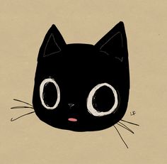 a black cat with big eyes on a beige background