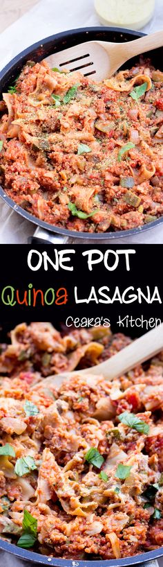 one pot quinoa lasagna in a cast iron skillet