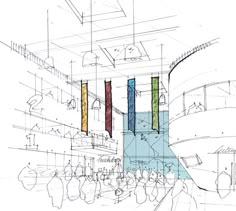 an architectural drawing shows the interior of a building with multiple colored columns, and people walking around