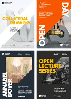 four different brochures designed to look like an open - concept art exhibition, with text that reads collateal drawing