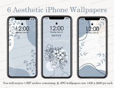 four iphone wallpapers with flowers on them and the text, 6 aesthetic phone wallpapers