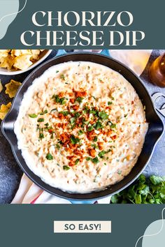 an image of a cheese dip in a skillet with other food on the side