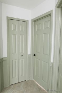 an empty room with two white doors and no one in the room looking at them