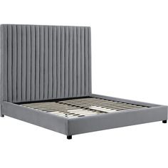 a gray bed frame with an upholstered headboard