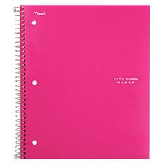 a pink spiral notebook with five star logo