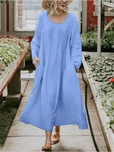 Women's Linen Dress Round Neck Ruffled Solid Color Long Sleeve Midi Cotton Linen Dress Vintage Floral Top, Line Dresses, Spring Skirts, A Line Dresses, Long Dress Casual, Loose Outfit, Long Sleeve Maxi, Maxi Dress Blue, Swimwear Fashion