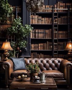 a living room filled with lots of furniture and bookshelves covered in shelves full of books