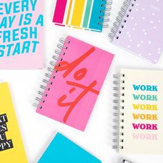 several notebooks with different types of writing on them and the words work hard, work happy