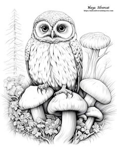 an owl sitting on top of a pile of mushrooms