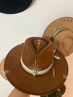 Brown Flat Brim Alchemy Hat Made in Tulum - Etsy Embellished Hats Ideas, Rustler Hat Co, Tulum Hats, Custom Hat Ideas, Tulum Style, Cowboy Hat Design, Magical Hands, Hat Burning, Bohemian Hats