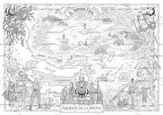 an old map with people and animals on it, in black and white inks