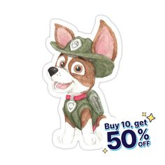 a sticker with a dog wearing a hat and vest on it's head