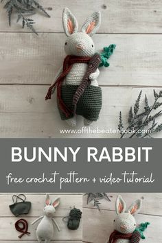 the bunny rabbit crochet pattern is shown in three different positions and has been made with