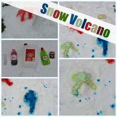 snow volcano with various pictures and instructions to make it look like someones feet in the snow