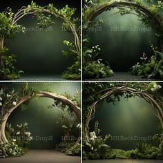 four different images of an arch made out of branches and flowers in the middle of three frames