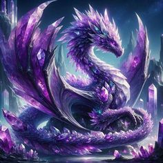 a purple dragon sitting on top of a pile of rocks