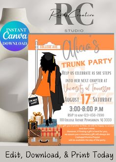 an orange and black graduation party flyer with a girl in the middle wearing a mortar cap