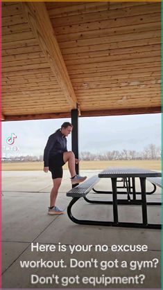 a man standing on a skateboard under a wooden structure with text that reads, here is your no exercise workout don't got a gym? don't get equipment?