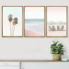 three framed pictures hanging on the wall next to a white dresser and potted plant