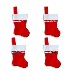 three red and white christmas stockings hanging from the side of each stocking, one with a