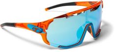 an orange and blue sunglasses on a white background