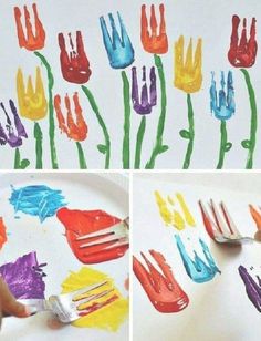 an image of children's handprints made with plastic forks and colored crayons