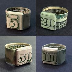 four different types of money rings with the number twenty five on each side and one hundred dollar bill at the bottom