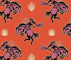 an image of a horse and rider pattern on red background for wallpaper or fabric