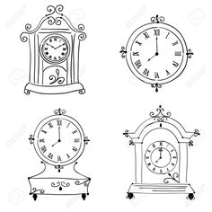 four different clocks are shown in black and white