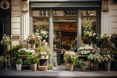 a flower shop with lots of potted flowers outside