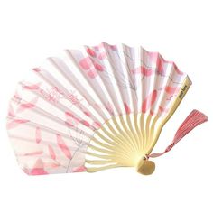 a pink and white hand fan on a white background