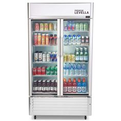 an open refrigerator with drinks and sodas in it's doors, on wheels