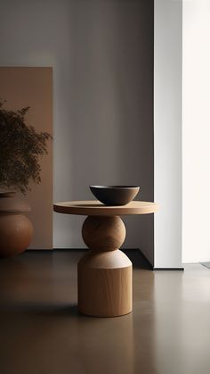 a wooden table with two bowls on it