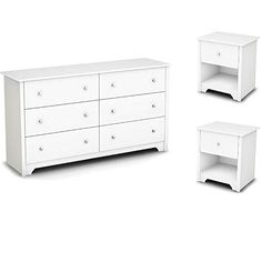 three white dressers and two night stands with drawers on each side, all in different sizes