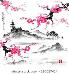 Images, photos et images vectorielles de stock de Paysage avec branches sakura, pêcheur, lac et collines dans le style traditionnel japonais sumi-e sur fond vintage à l'aquarelle.Illustration vectorielle. Hieroglyph "harmonie" similaires - 293027519 | Shutterstock Chinese Landscape, Japanese Landscape, Hur Man Målar, Traditional Landscape, Japanese Cherry Blossom, Art Japonais, Landscape Drawings, Daiquiri