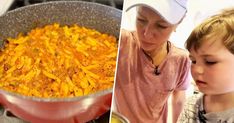 a woman and child looking at food in a pan on the stove, and then cooking macaroni and cheese